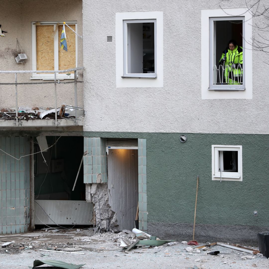 An apartment block damaged when a gang-related bomb exploded early Feb. 2 in Sundbyberg, Sweden.