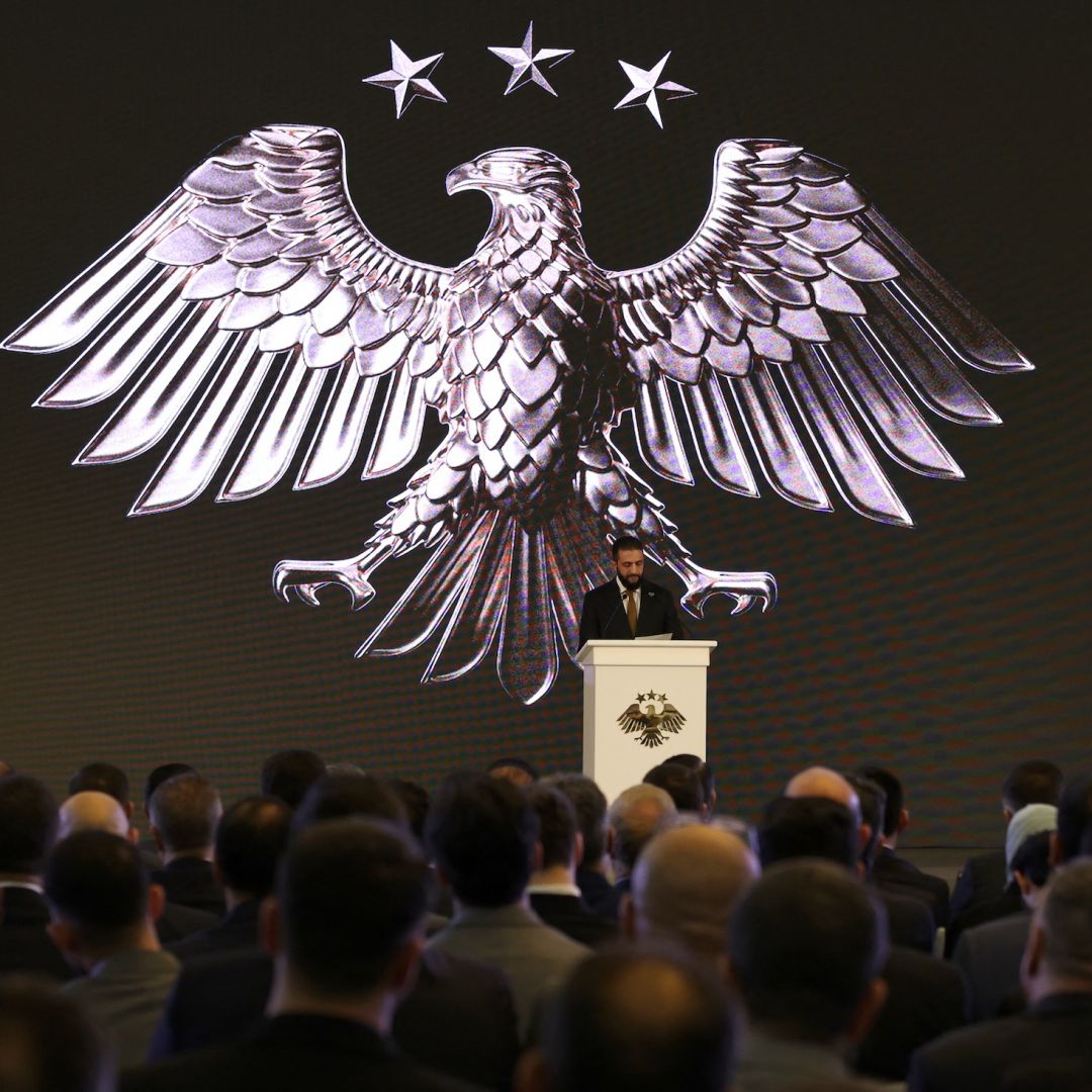 Syria's interim President Ahmad al-Sharaa delivers a speech in Damascus on July 3, 2025, during the unveiling of the "New Visual Identity of the Syrian Arab Republic." 