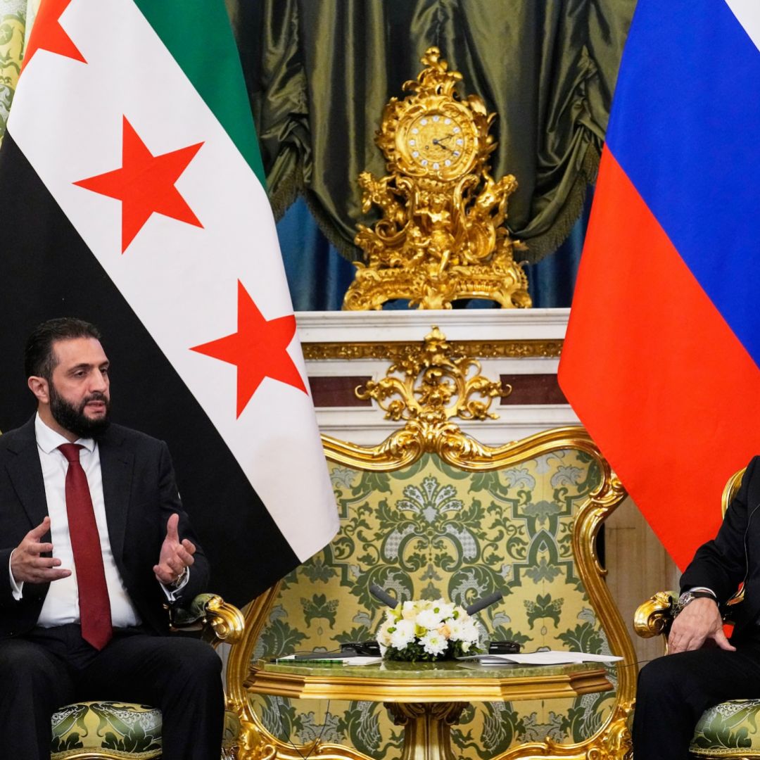 Russian President Vladimir Putin and Syria's interim president, Ahmed al-Sharaa, hold a meeting at the Grand Kremlin Palace in Moscow on Oct.15, 2025. 