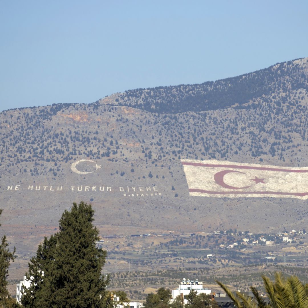 A massive flag of the self-proclaimed Turkish Republic of North Cyprus is seen on Dec. 28, 2023, in Nicosia, Cyprus. A massive flag of the self-proclaimed Turkish Republic of North Cyprus is seen on Dec. 28, 2023, in Nicosia, Cyprus.