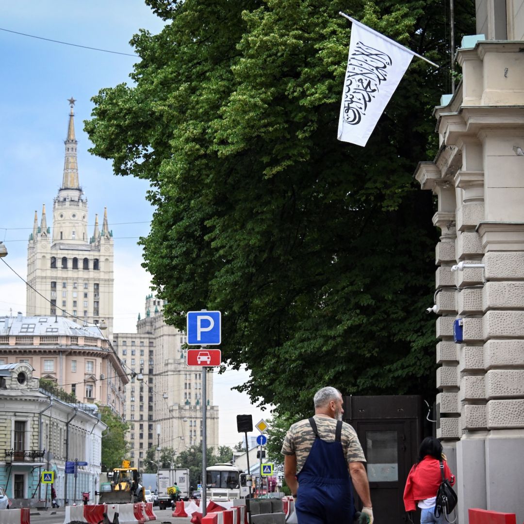 The flag of Afghanistan sits on the Afghan embassy in Moscow on July 4, 2025. 