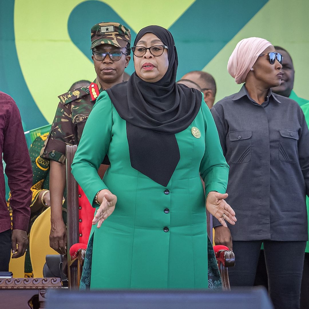 Tanzanian President Samia Suluhu Hassan of the ruling Chama Cha Mapinduzi (CCM) party reacts on stage during a rally in Dar es Salaam on Aug. 28, 2025, to officially launch the CCM's campaign ahead of the Tanzanian general election. 