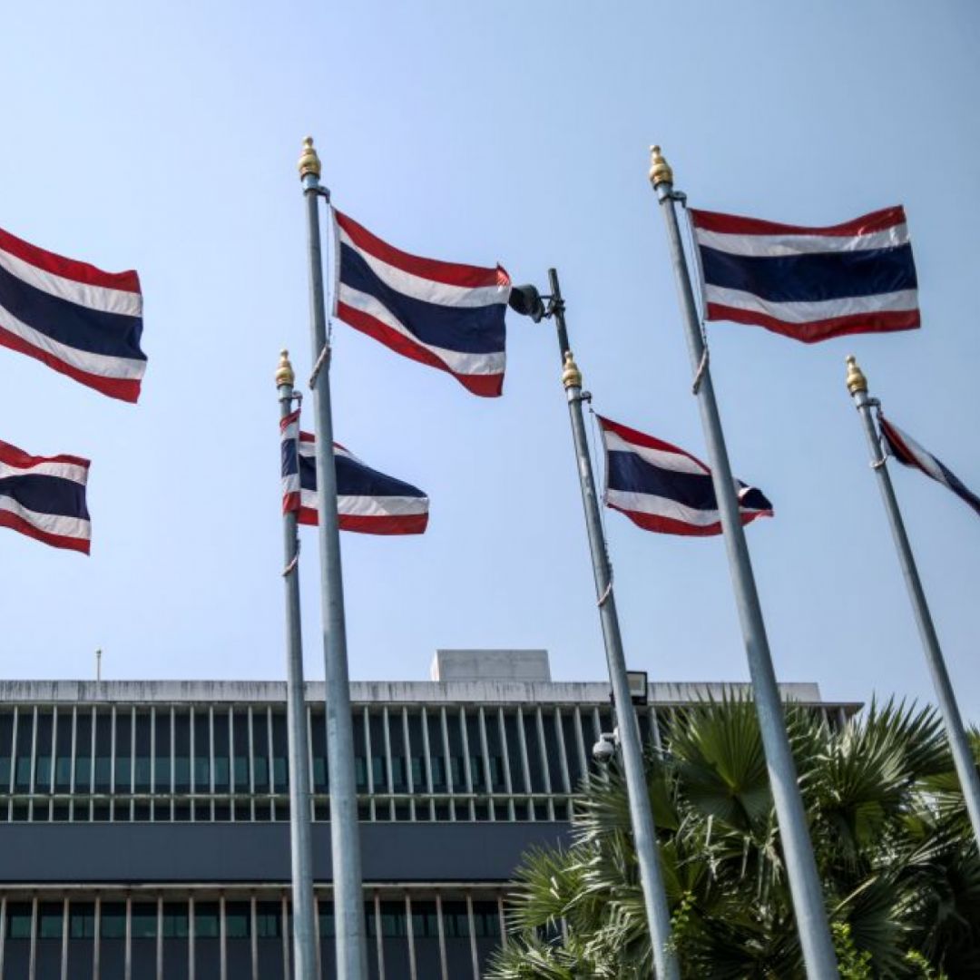 Thai flags March 4, 2023, on the side of the parliament complex in Bangkok. Thailand is headed for early elections that favor continued military-backed rule, but a resurgent opposition portends a highly contentious election process, potential unrest, and implications for alignment between China and the United States. Thai flags March 4, 2023, on the side of the parliament complex in Bangkok.