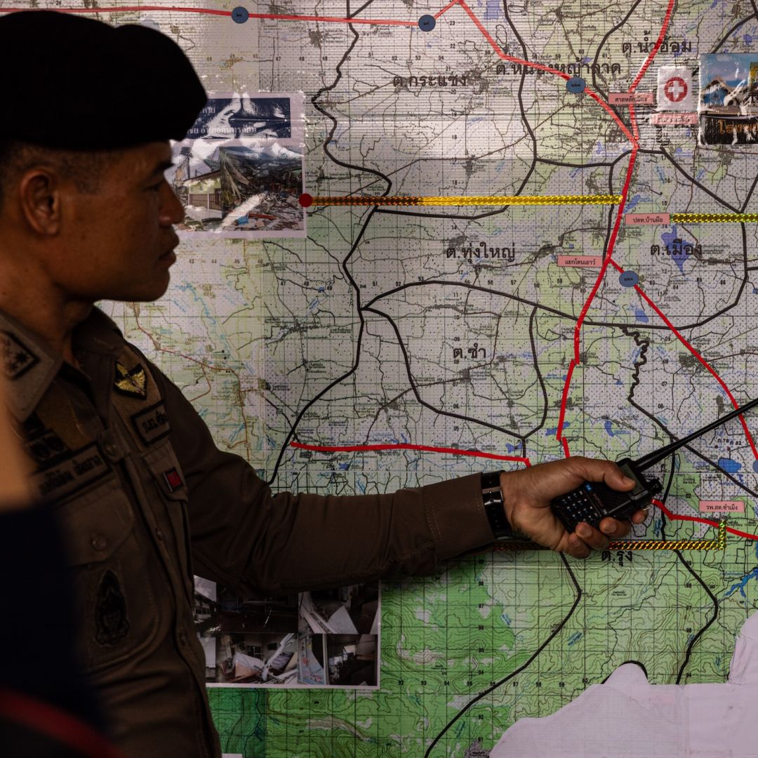 A Thai soldier points out an area on a map near the Cambodian border during a press visit on Aug. 16, 2025, in Sisaket, Thailand. A Thai soldier points out an area on a map near the Cambodian border during a press visit on Aug. 16, 2025, in Sisaket, Thailand.