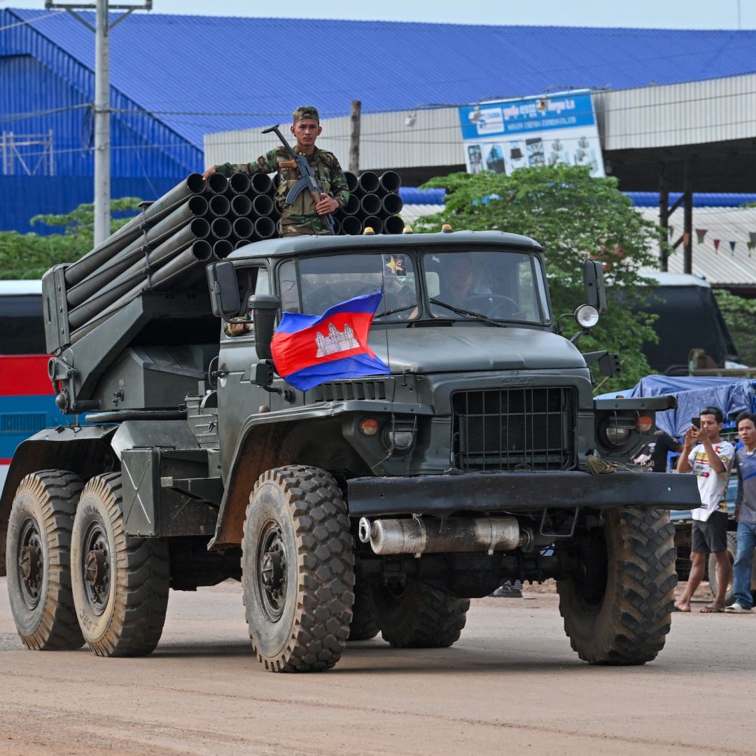A Cambodian soldier stands on a truck with a rocket launcher in Cambodia's Oddar Meanchey province, which borders Thailand, on July 25, 2025. A Cambodian soldier stands on a truck with a rocket launcher in Cambodia's Oddar Meanchey province, which borders Thailand, on July 25, 2025.