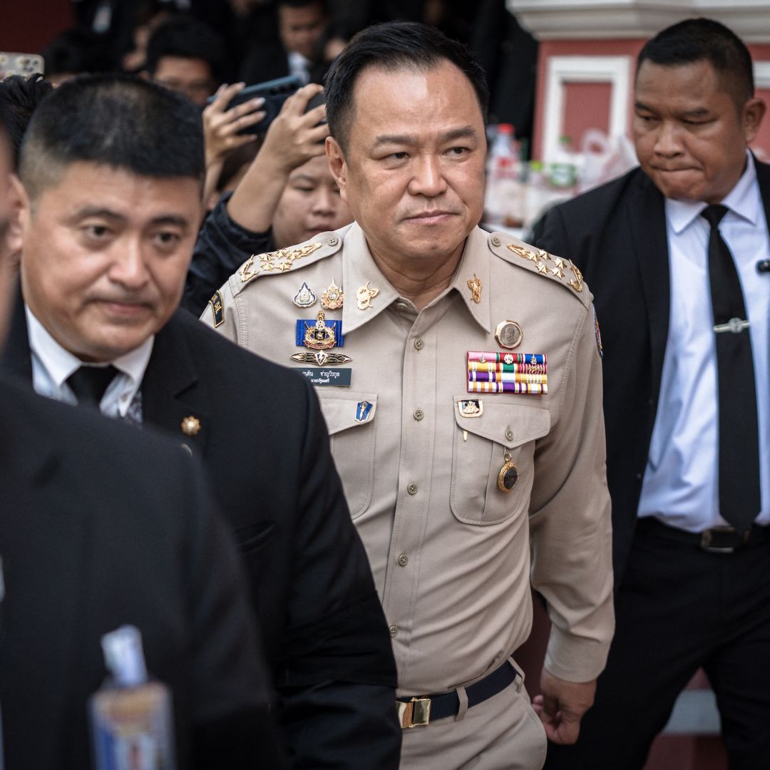 Thailand's Prime Minister Anutin Charnvirakul (C) after chairing a National Security Council on Nov. 11 in Bangkok.