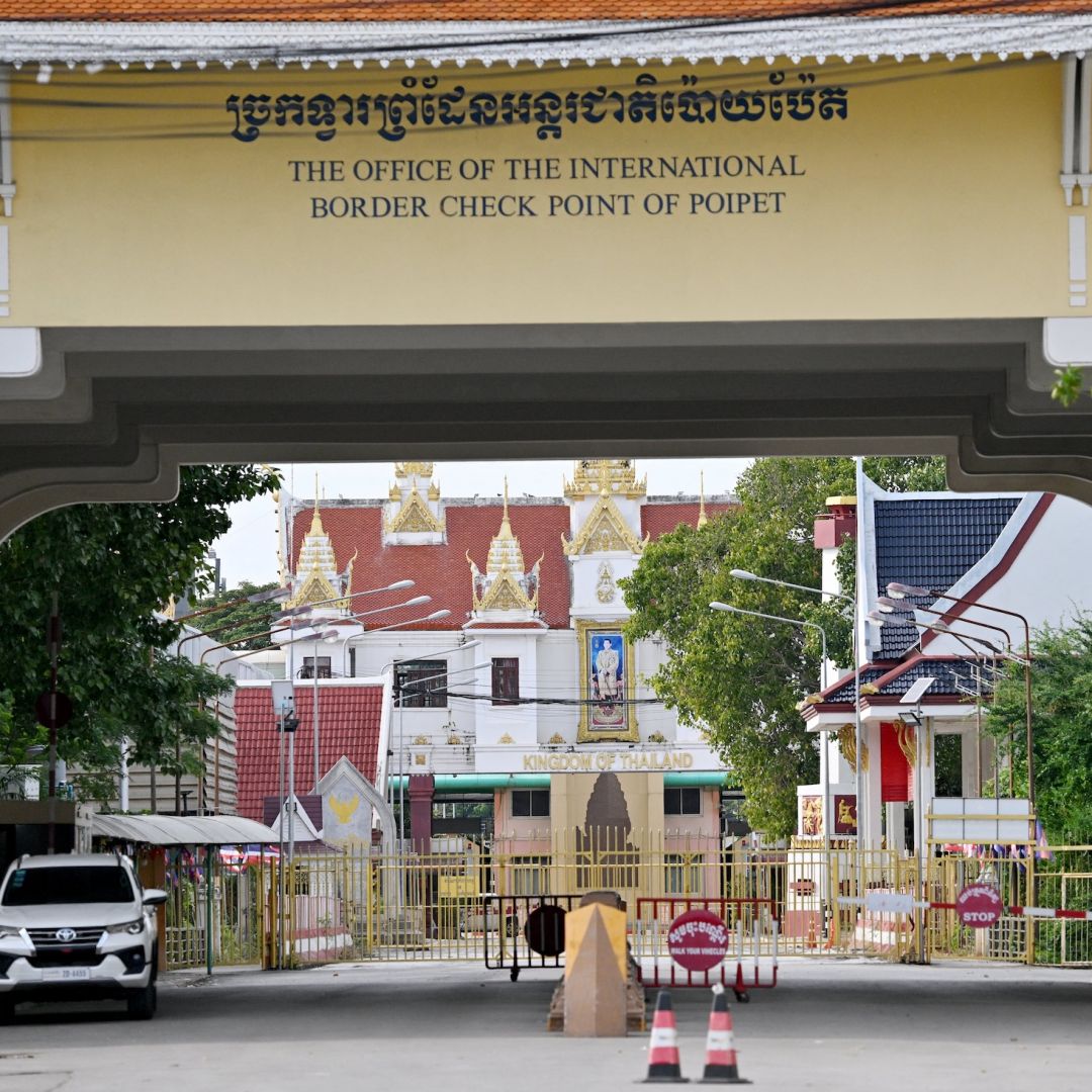 A general view shows the closed border checkpoint between Cambodia and Thailand in Poipet, Cambodia, on Dec. 12, 2025, amid clashes in the area.