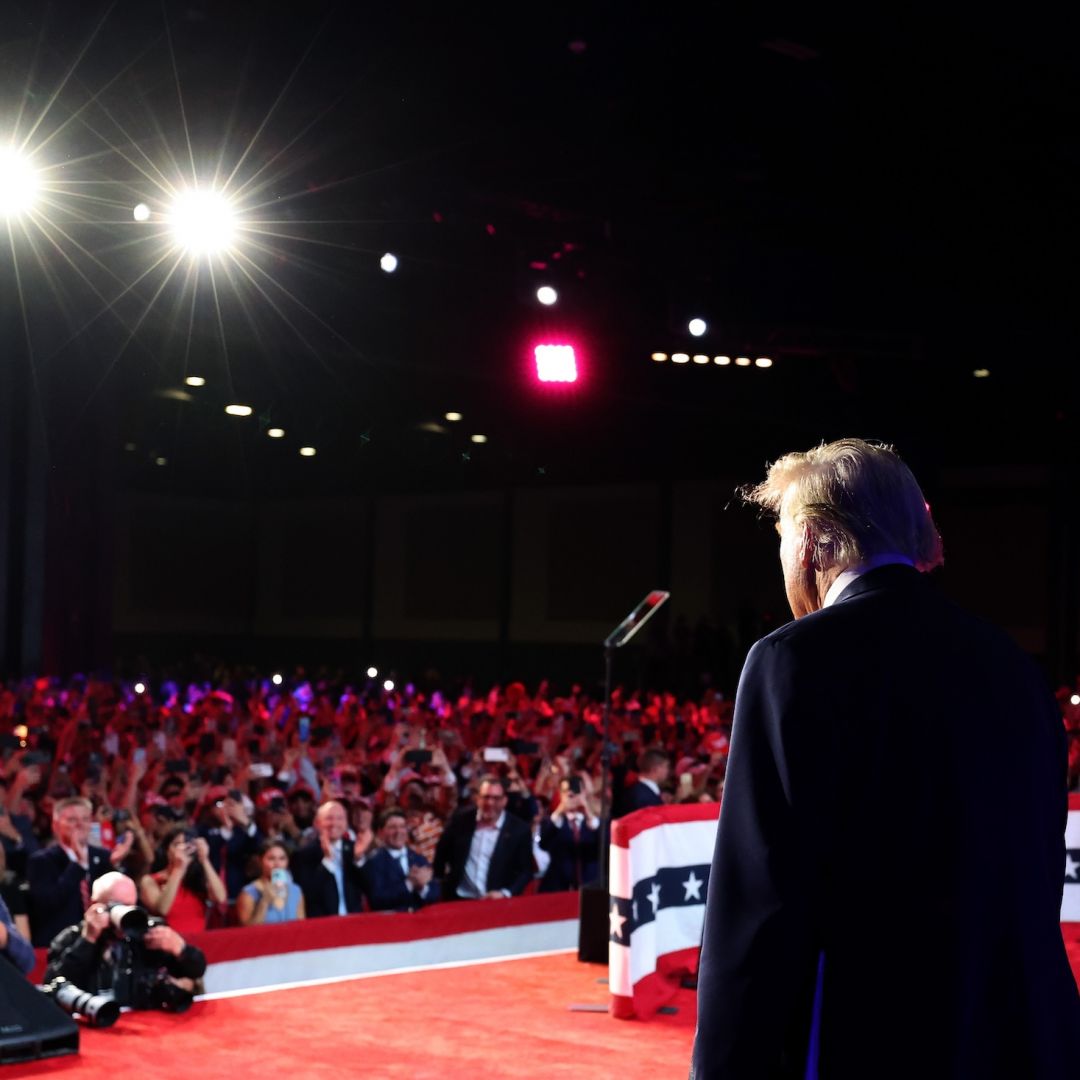 Former U.S. President Donald Trump arrives to speak during an election event in the early hours of Nov. 6, 2024.