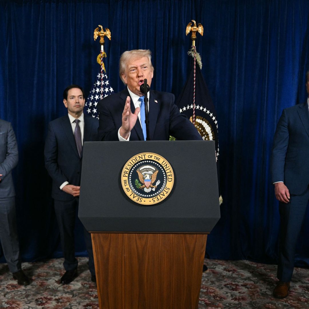 U.S. President Donald Trump, alongside (left to right) Deputy Chief of Staff Stephen Miller, Secretary of State Marco Rubio and Secretary of Defense Pete Hegseth, speaks to the press following U.S. military actions in Venezuela, at his Mar-a-Lago residence in Palm Beach, Florida, on Jan. 3, 2026. U.S. President Donald Trump, alongside (left to right) Deputy Chief of Staff Stephen Miller, Secretary of State Marco Rubio and Secretary of Defense Pete Hegseth, speaks to the press following U.S. military actions in Venezuela, at his Mar-a-Lago residence in Palm Beach, Florida, on Jan. 3, 2026.