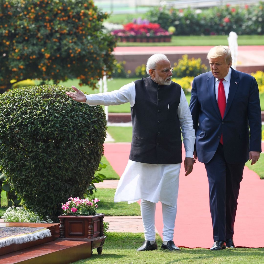 U.S. President-elect Donald Trump (R) and India's Prime Minister Narendra Modi (L) arrive for a joint press conference at Hyderabad House in New Delhi, India, on Feb. 25, 2020.