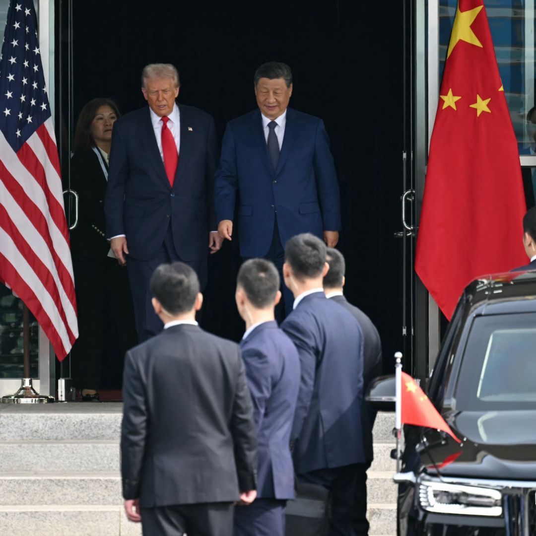 U.S. President Donald Trump (L) and China's President Xi Jinping leave after their talks at the Gimhae Air Base, in Busan, South Korea, on Oct. 30, 2025.  U.S. President Donald Trump (L) and China's President Xi Jinping leave after their talks at the Gimhae Air Base, in Busan, South Korea, on Oct. 30, 2025.