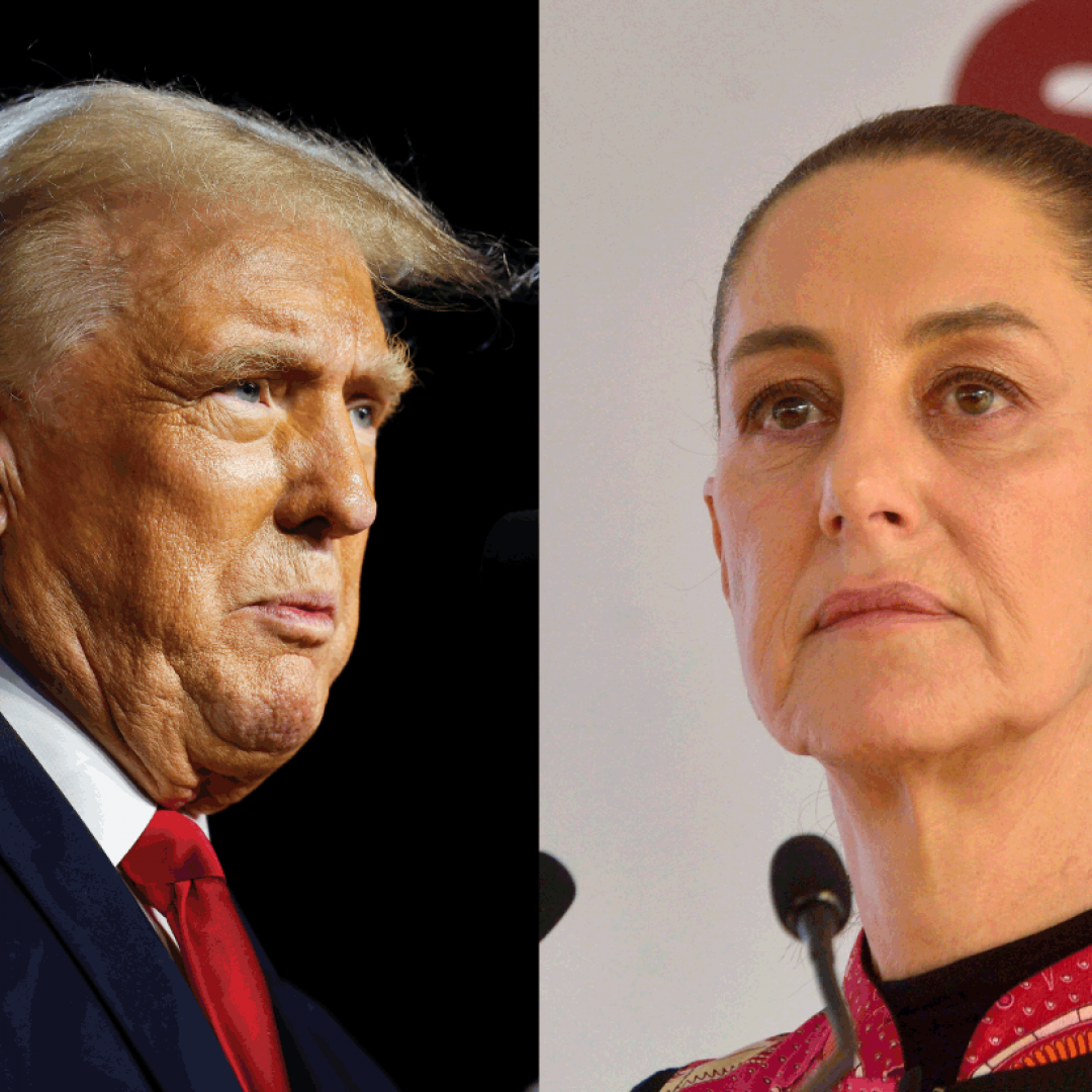 A combination of photos shows U.S. President-elect Donald Trump (left) speaking at an event in West Palm Beach, Florida, and Mexican President Claudia Sheinbaum (right) holding a press conference in Mexico City, Mexico.