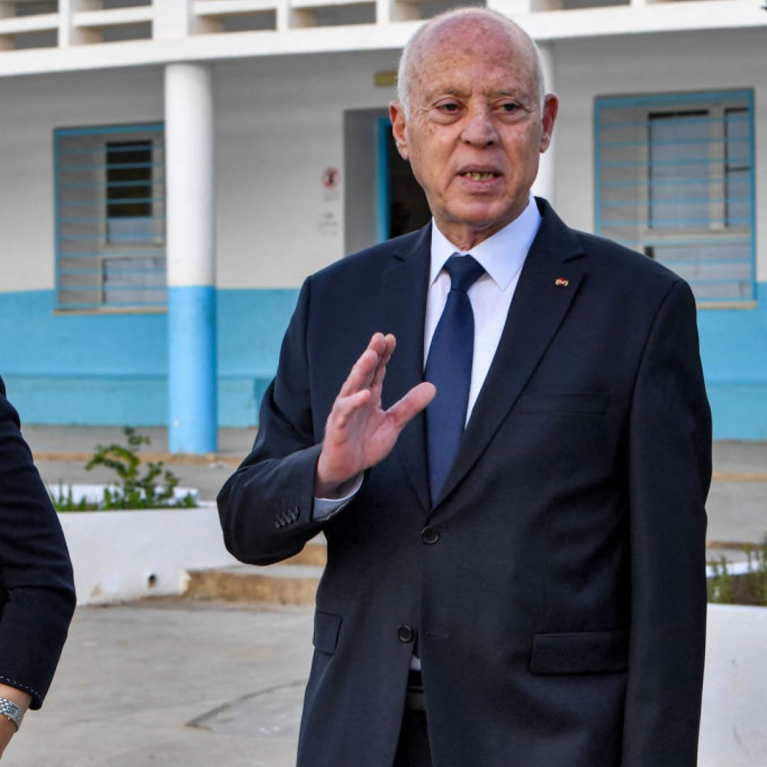 Tunisian President Kais Saied speaks to reporters Dec. 24, 2023, in Mnihla in Ariana province, Tunisia.