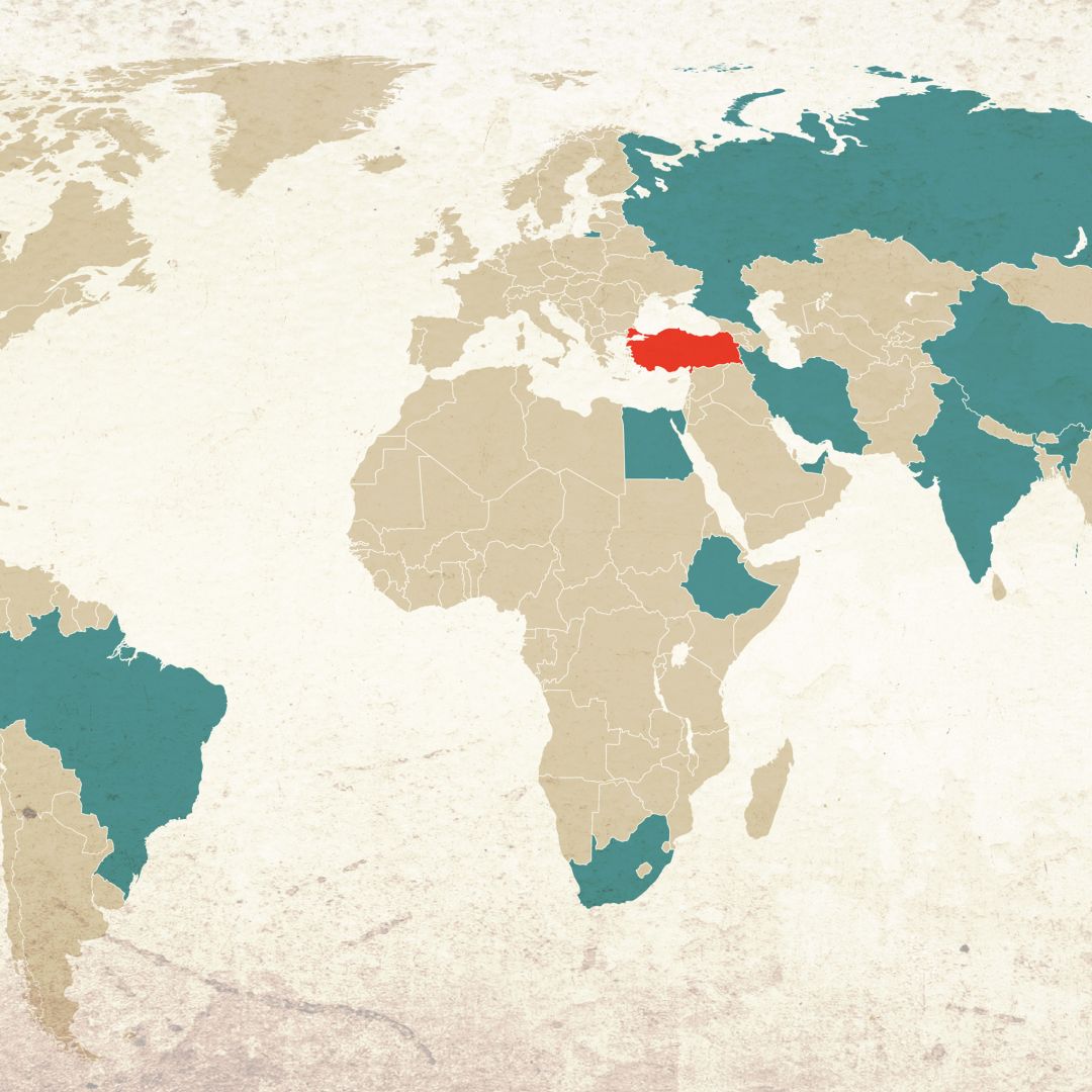 A map illustrating Turkey (in red) and the BRICS countries (in blue).