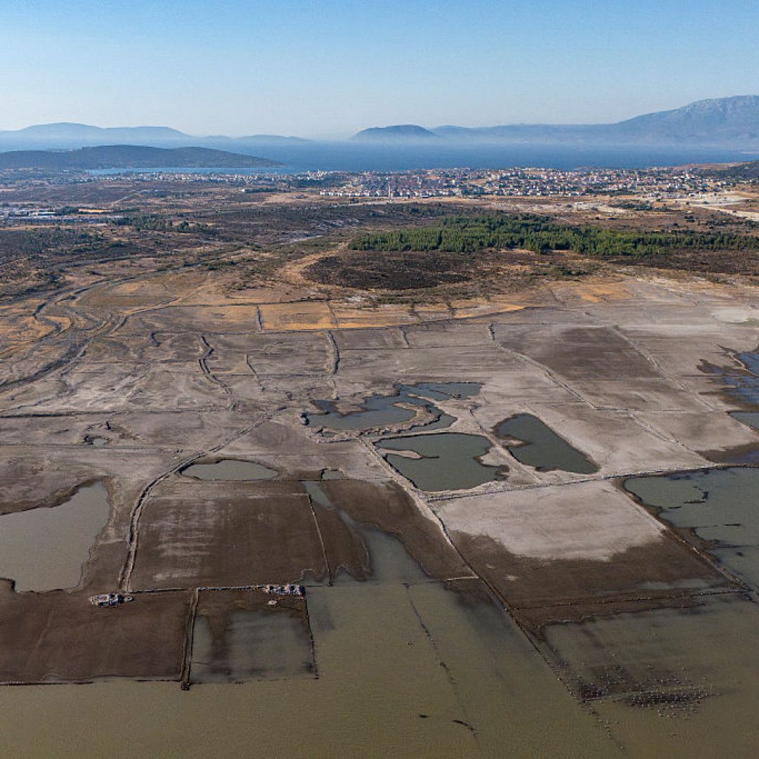 This aerial photograph shows dry areas near the Alacati Kutlu Aktas Dam in Izmir, Turkey, on July 30, 2025. 