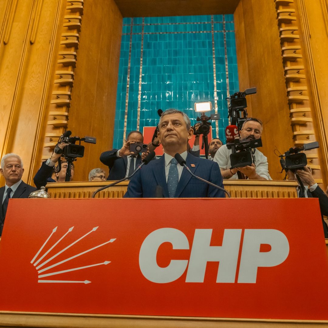 The ousted chair of Turkey's opposition Republican People’s Party, Ozgur Ozel, addresses lawmakers during his party's group meeting in the Turkish parliament on June 2, 2026, in Ankara, Turkey. 