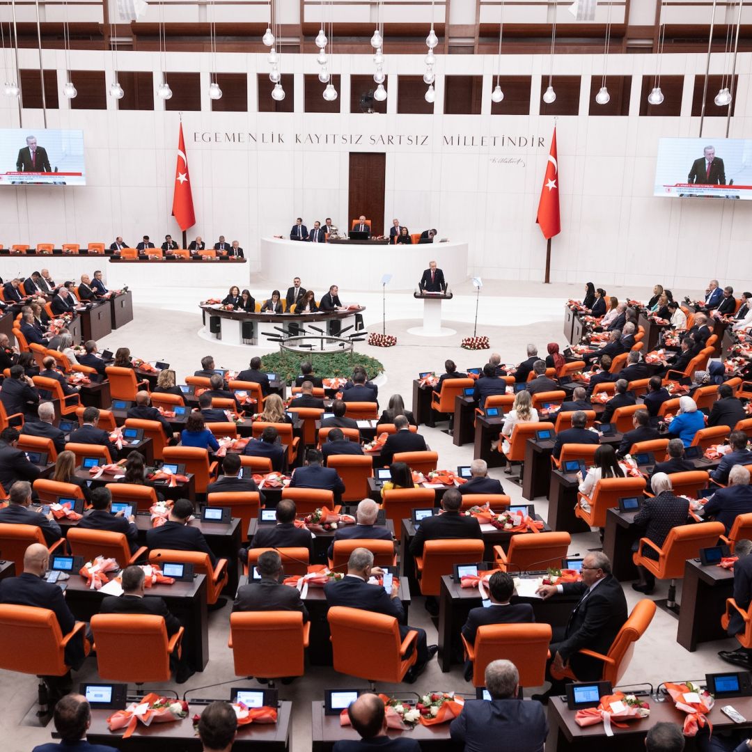 Turkish President Recep Tayyip Erdogan addresses Turkey's parliament on Oct. 1, 2024, in Ankara. 