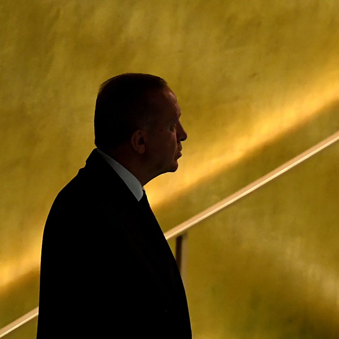 Turkish President Recep Tayyip Erdogan arrives at the U.N. headquarters in New York City on Sept. 21, 2021.