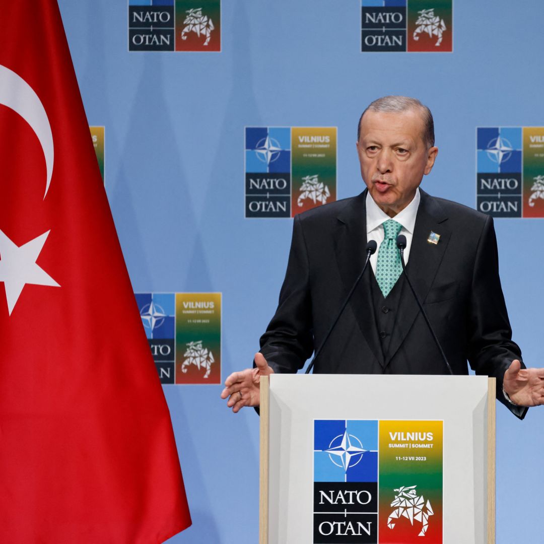 Turkish President Recep Tayyip Erdogan gives a press conference during the NATO Summit in Vilnius, Lithuania, on July 12, 2023.