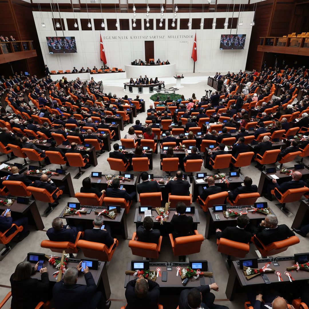 Turkish President Recep Tayyip Erdogan attends the 28th term deputies' oath-taking ceremony at the Turkish Grand National Assembly on June 2, 2023, in Ankara.