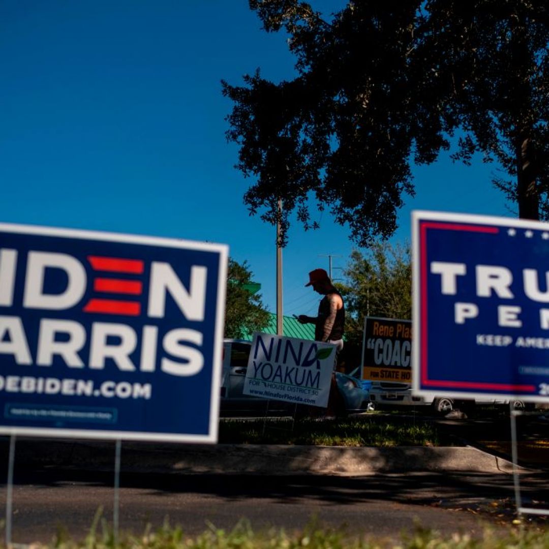 Biden and Trump campaign signs are displayed as voters line up to cast their ballots during early voting Oct. 30, 2020, at the Alafaya Branch Library in Orlando, Florida. 