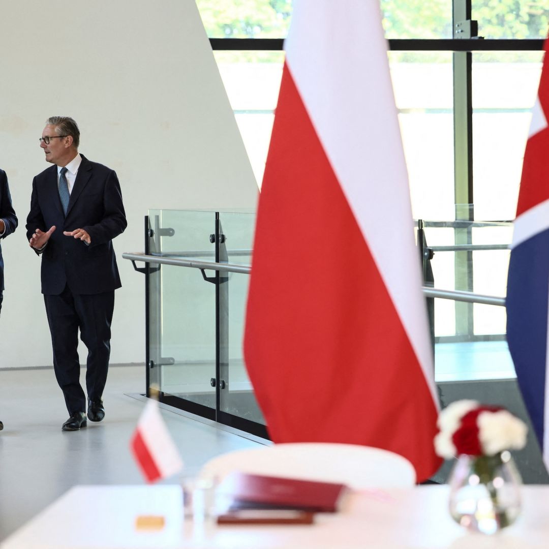 Britain's Prime Minister Keir Starmer and Poland's Prime Minister Donald Tusk attend a signing ceremony of a UK-Poland defence and security treaty at the Battle of Britain Bunker on May 27 in London, England. Britain's Prime Minister Keir Starmer and Poland's Prime Minister Donald Tusk attend a signing ceremony of a UK-Poland defence and security treaty at the Battle of Britain Bunker on May 27 in London, England.