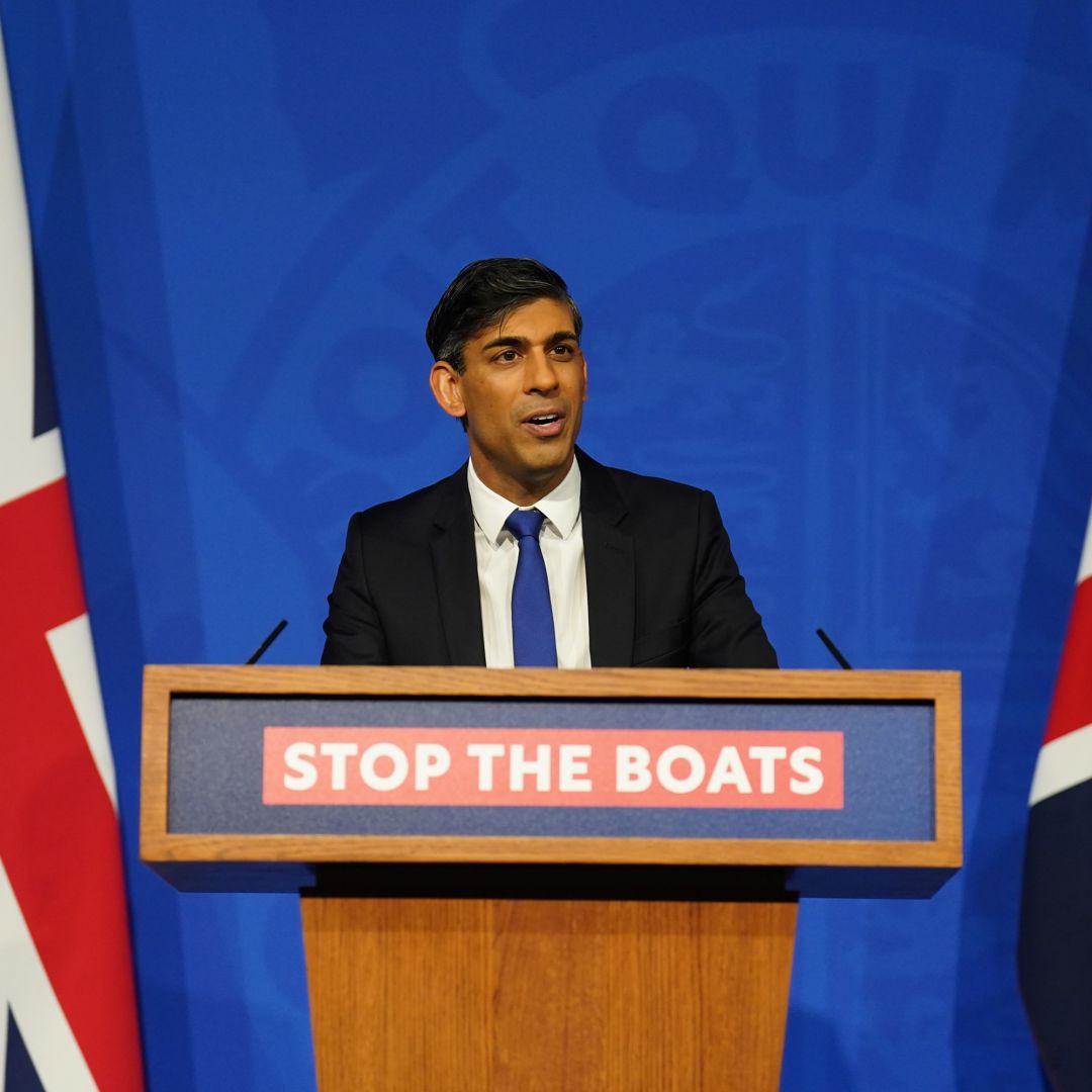 U.K. Prime Minister Rishi Sunak holds a press conference in the Downing Street Briefing Room, as he gives an update on his migration plan, on Dec. 7, 2023, in London, the United Kingdom.