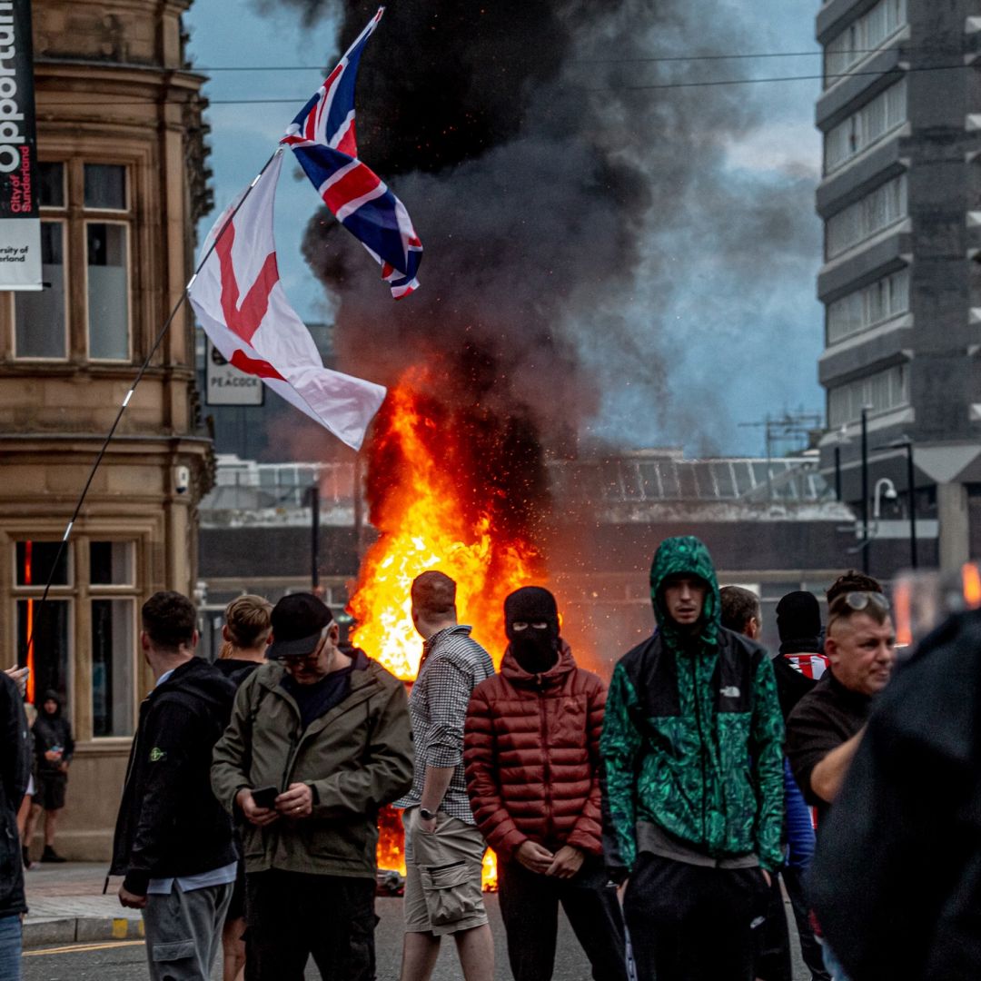 Far-right activists gather in Sunderland, England, on Aug. 2, 2024, after misinformation spread via social media falsely attributed to a Muslim migrant to the recent murders of three girls in Southport.