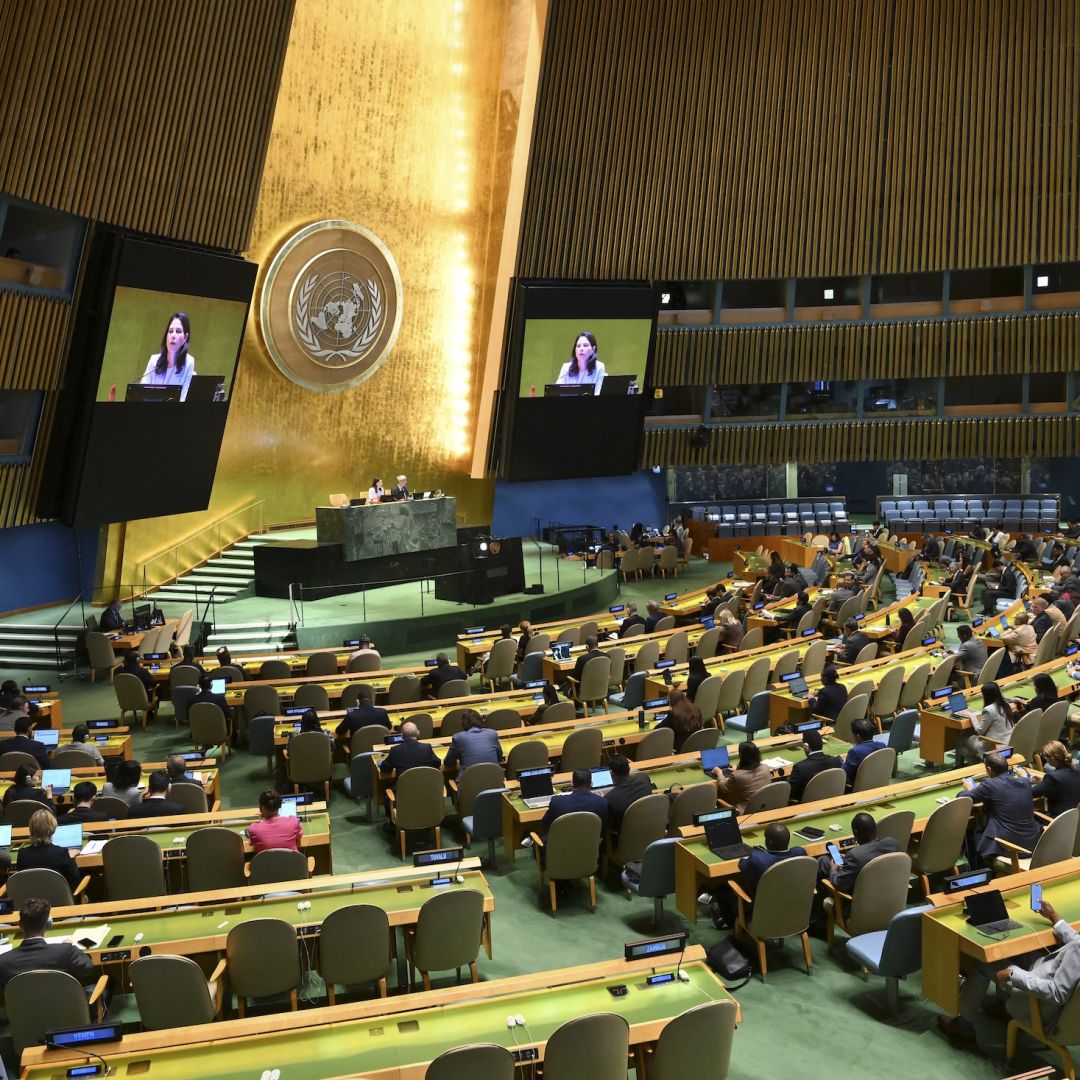The President of the 80th session of the U.N. General Assembly and former German Foreign Minister Annalena Baerbock speaks during a General Assembly meeting to vote on a two-state solution to the Palestinian question on Sept. 12 at the United Nations in New York. Countries including Australia, Canada, France and the United Kingdom will likely formally recognize Palestinian statehood over the next several days at the assembly. The President of the 80th session of the U.N. General Assembly and former German Foreign Minister Annalena Baerbock speaks during a General Assembly meeting to vote on a two-state solution to the Palestinian question on Sept. 12 at the United Nations in New York.
