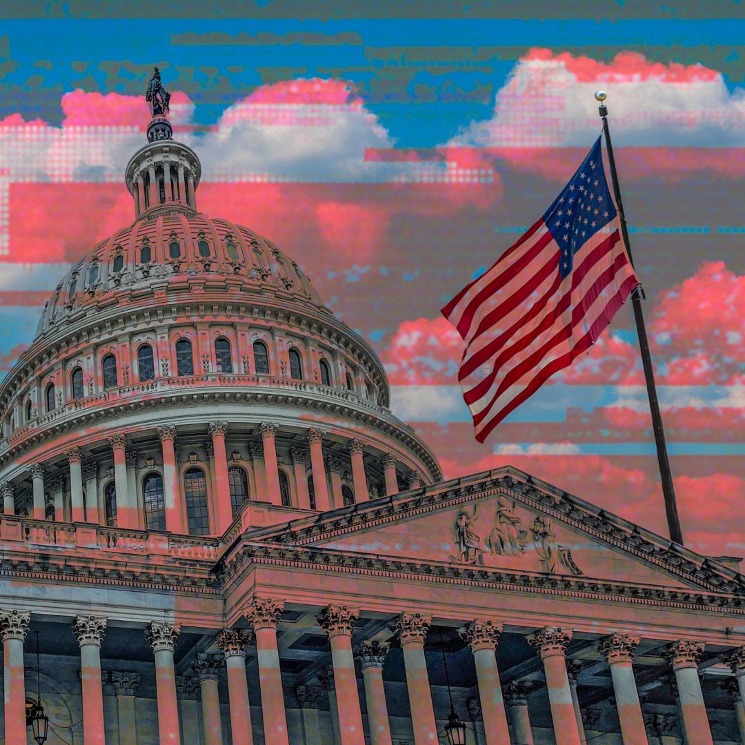 A photo of the U.S. Capitol overlaid with a pixilated blue and red pattern.