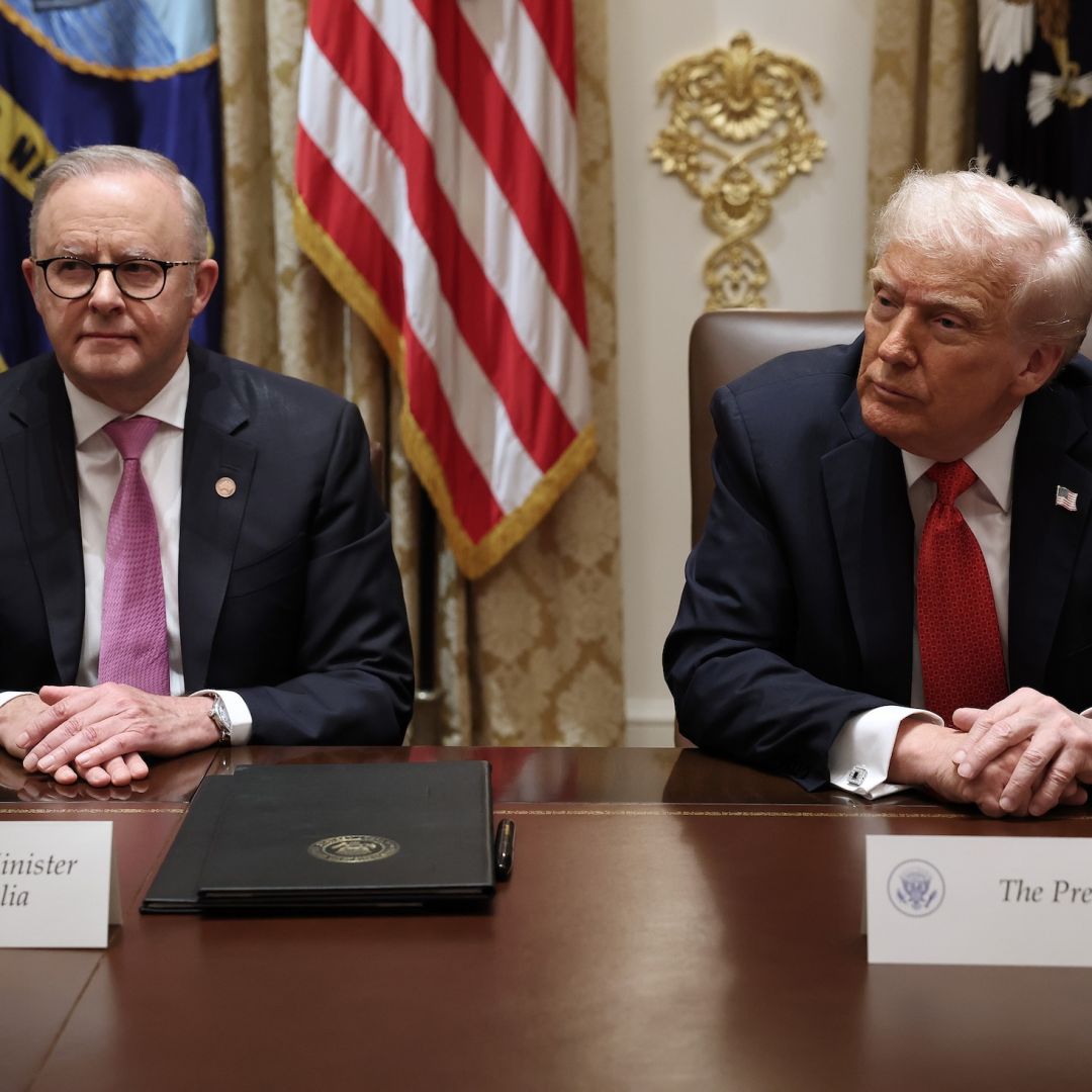Australian Prime Minister Anthony Albanese (left) and U.S. President Donald Trump speak to reporters during a bilateral meeting in the Cabinet Room of the White House on Oct. 20, 2025, in Washington, D.C. 