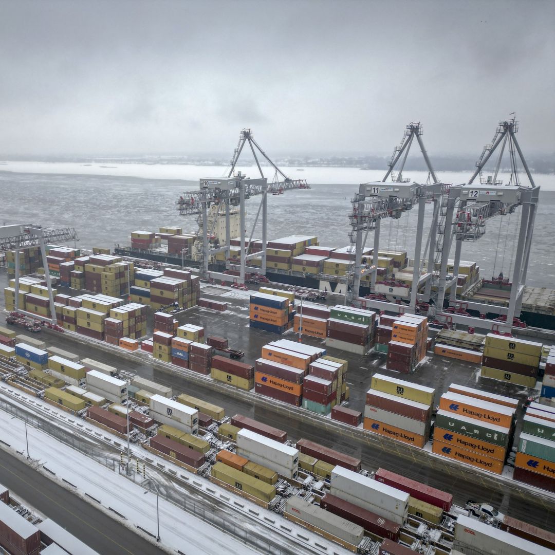 Shipping containers are seen at the Port of Montreal in Montreal, Canada, on Feb. 3, 2025. 