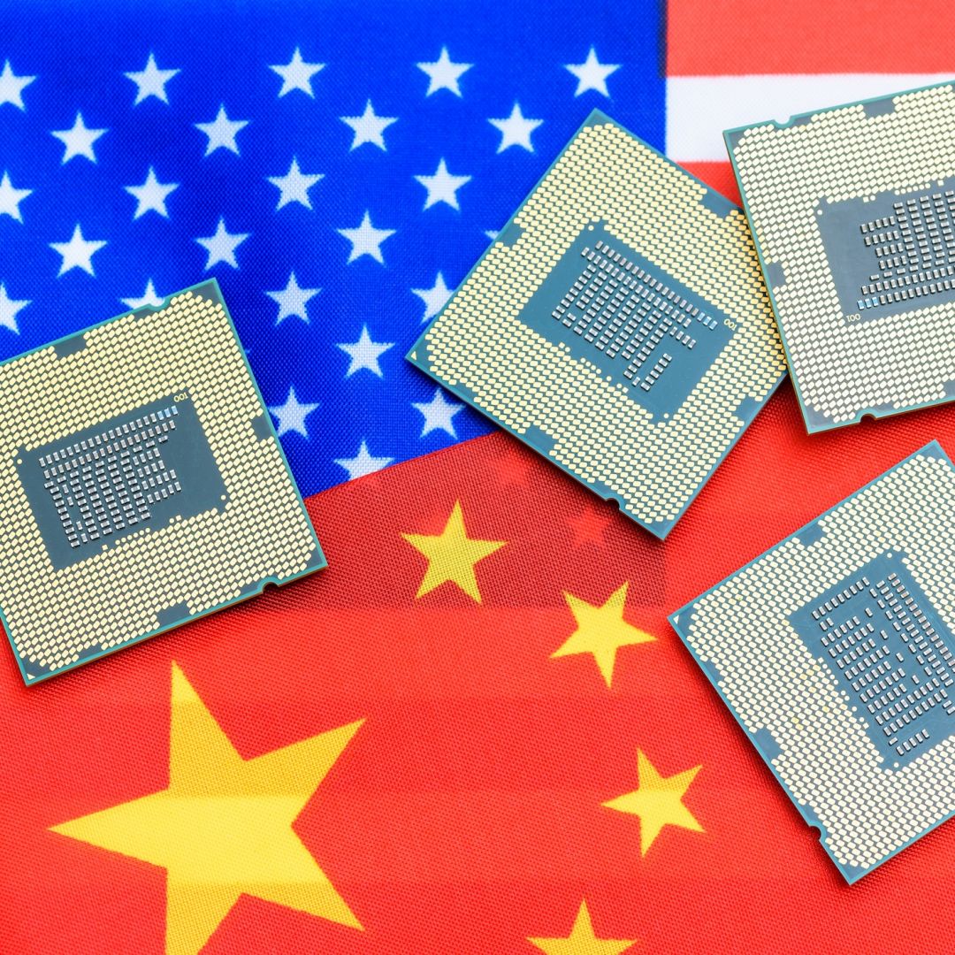 Computer chips are seen on top of the U.S. and Chinese flags.