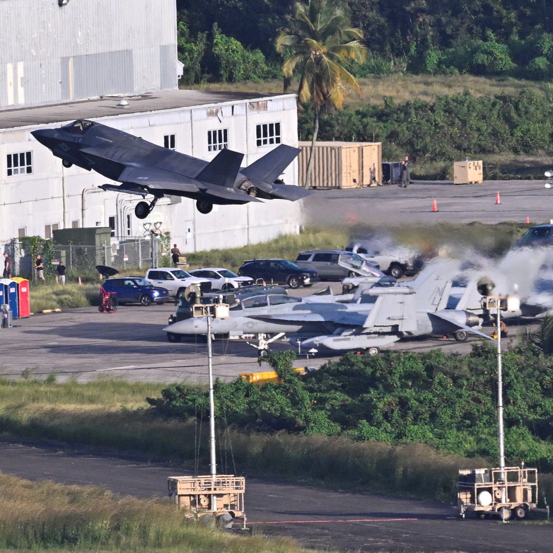 A U.S. Marine Corps F-35B fighter jet takes off from Jose Aponte de la Torre Airport on December 15, 2025 in Ceiba, Puerto Rico.