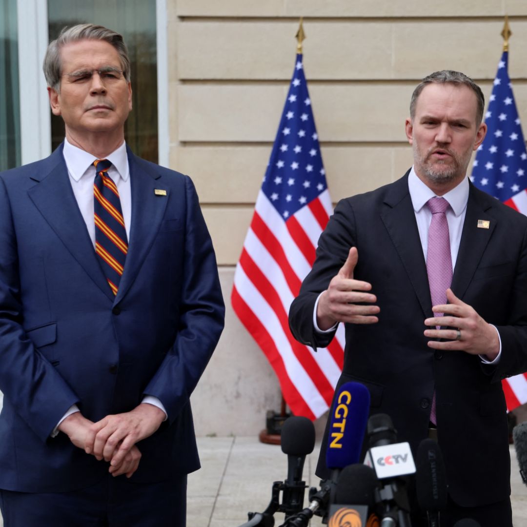 U.S. Trade Representative Jamieson Greer (right) addresses journalists next to U.S. Treasury Secretary Scott Bessent following a new round of trade discussions with Chinese officials at the OECD headquarters in Paris on March 16, 2026.