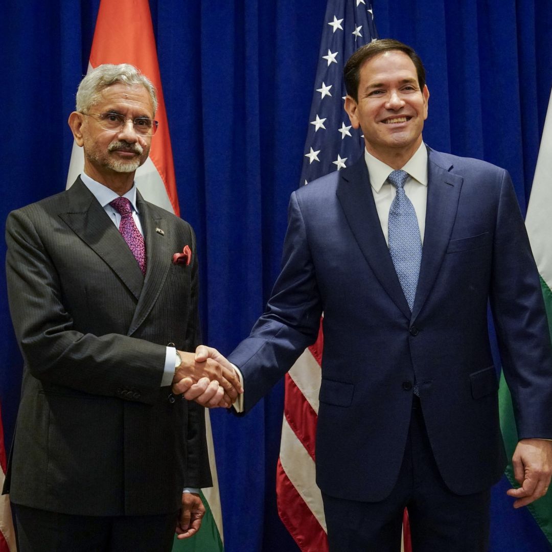 U.S. Secretary of State Marco Rubio (right) meets with Indian External Affairs Minister Subrahmanyam Jaishankar at a hotel in New York City on the sidelines of the U.N. General Assembly meeting on Sept. 22, 2025. 