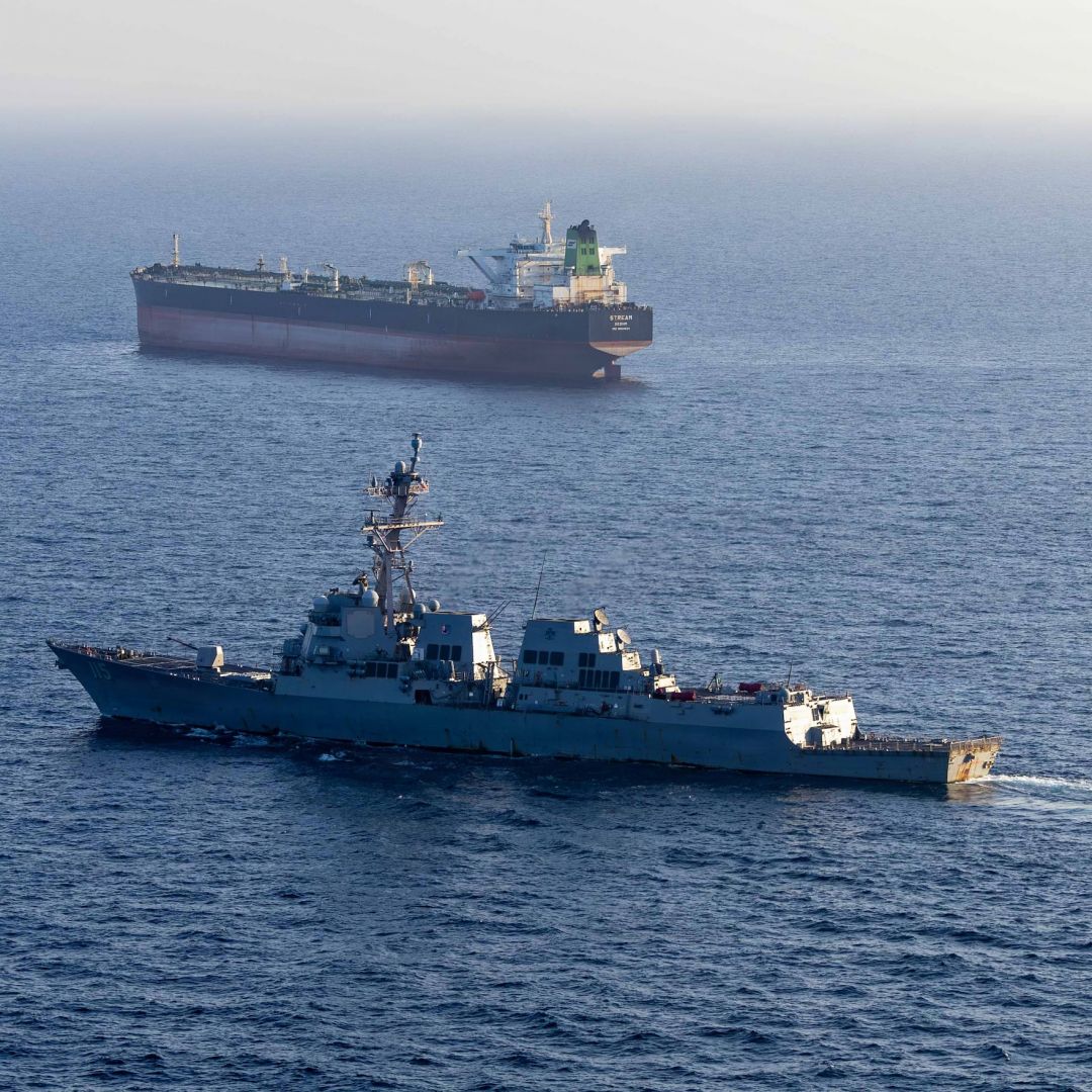 The USS Rafael Peralta implements a maritime blockade against an Iranian-flagged ship attempting to sail toward an Iranian port on April 26, 2026, in the Arabian Sea.