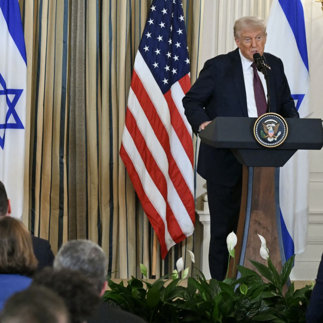U.S. President Donald Trump and Israeli Prime Minister Benjamin Netanyahu participate in a press conference in the State Dining Room of the White House in Washington, D.C., on Sept. 29, 2025. 
