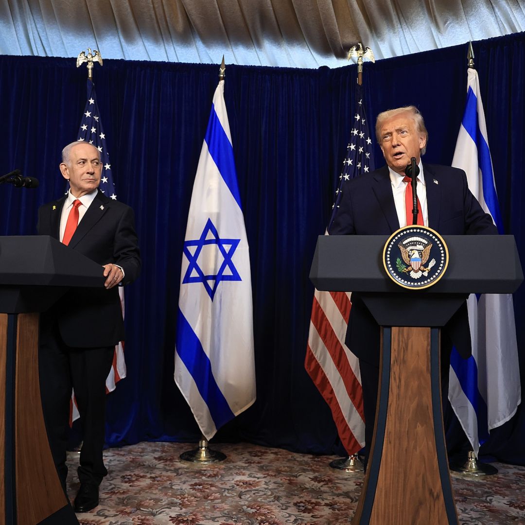 U.S. President Donald Trump holds a press conference with Israeli Prime Minister Benjamin Netanyahu at his Mar-a-Lago club on Dec. 29, 2025, in Palm Beach, Florida. 