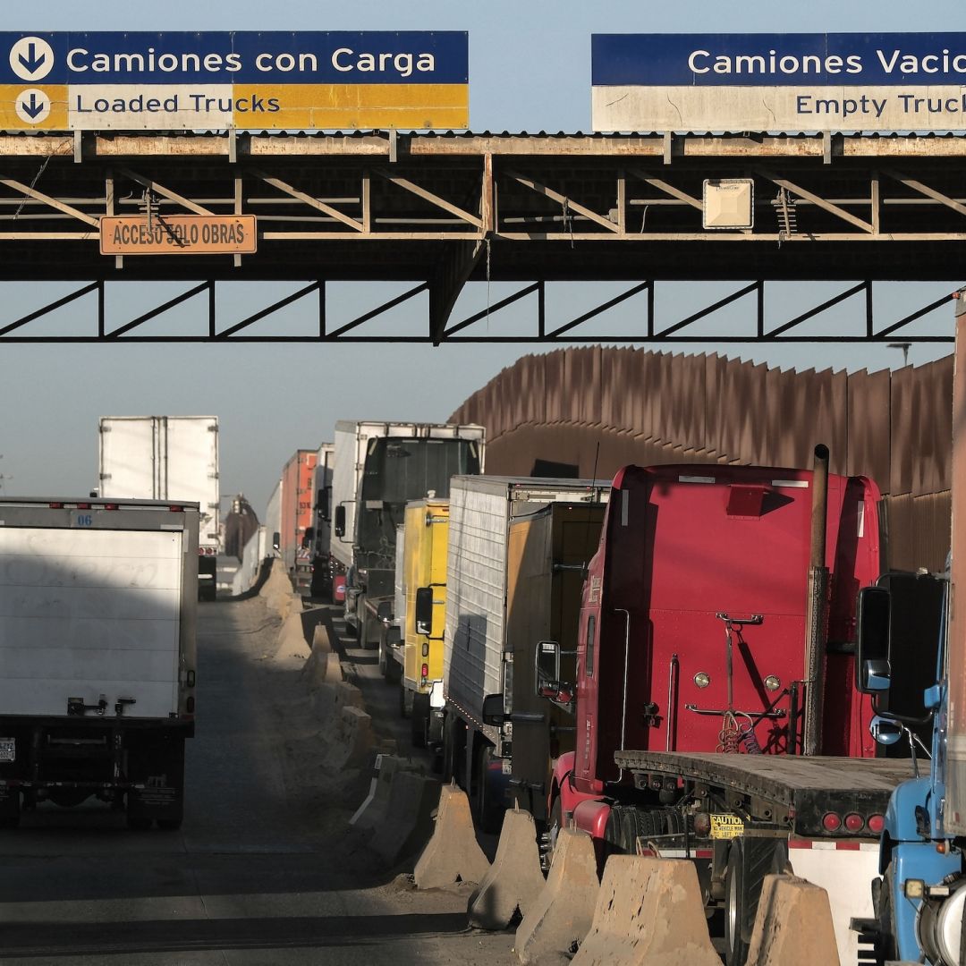 Trucks wait to enter United States on Nov. 26, 2024, at the Otay crossing port in Tijuana, Baja California state, Mexico.