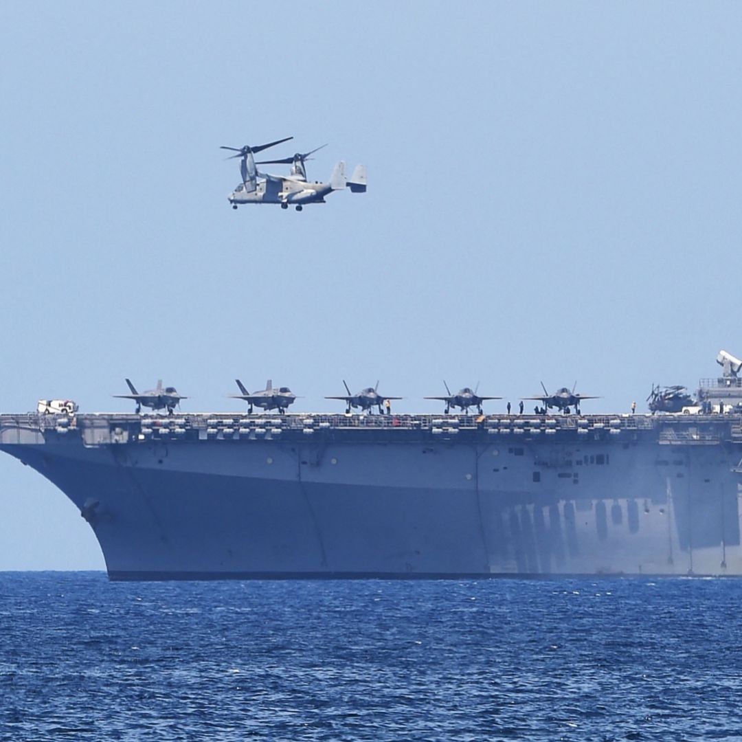 A U.S. amphibious assault ship takes part in a joint U.S.-Philippines military exercise on the shores of San Antonio town, facing the South China Sea, on April 11, 2019. 