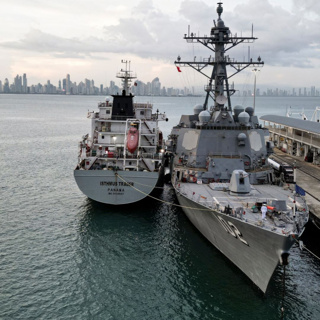 The U.S. Navy warship USS Sampson docks at the Amador International Cruise Terminal in Panama City on Aug. 30, 2025. The U.S. Navy warship USS Sampson docks at the Amador International Cruise Terminal in Panama City on Aug. 30, 2025.