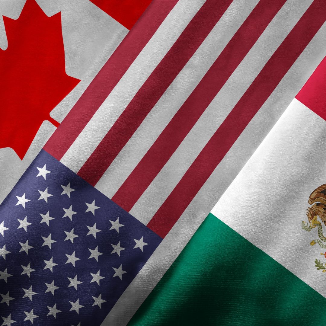 A 3D rendering of the Canadian, U.S. and Mexican flags.