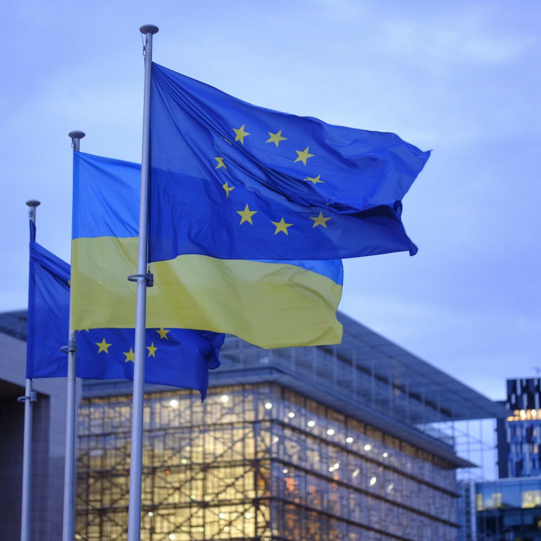 Ukrainian flags are flown alongside EU flags outside the European Commission headquarters in Brussels, Belgium, on Feb. 24, 2025, for the third anniversary of Russia'’s large-scale invasion.