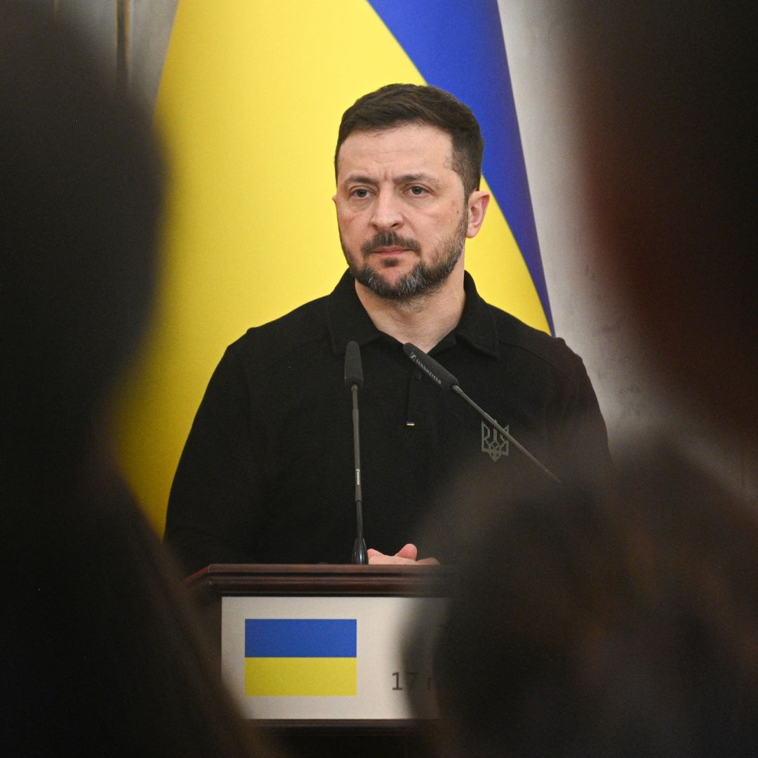 Ukrainian President Volodymyr Zelensky looks on during a joint press conference with Poland's prime minister in Lviv on Dec. 17, 2024.