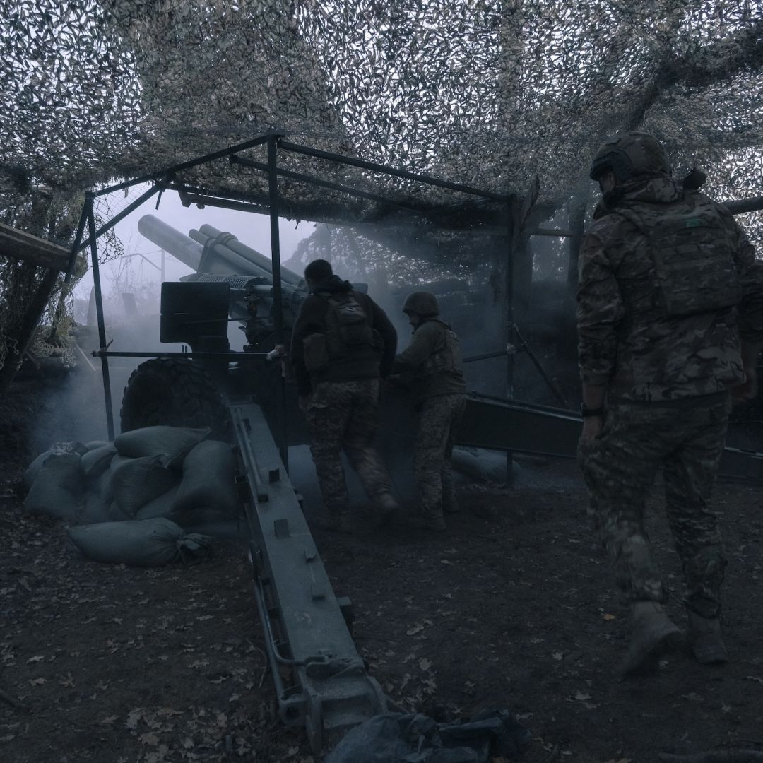 Ukrainian artillerymen operate a U.S.-made M-114 howitzer near Pokrovsk, Ukraine, on Oct. 16, 2025.