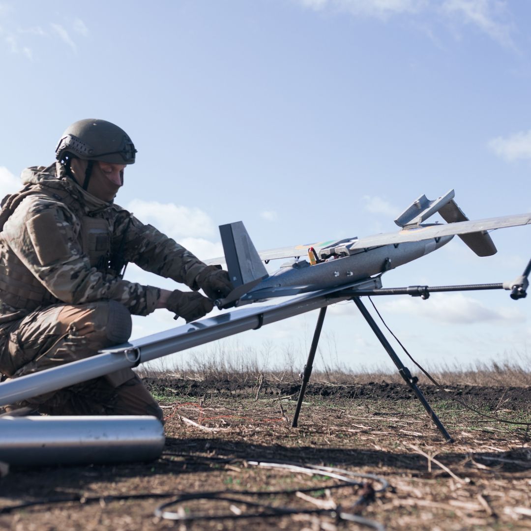 A soldier from the "Taifun" unmanned aerial vehicle unit prepares a new strike drone for flight on April 7, 2026 in Ukraine. A soldier from the "Taifun" unmanned aerial vehicle unit prepares a new strike drone for flight on April 7, 2026 in Ukraine.
