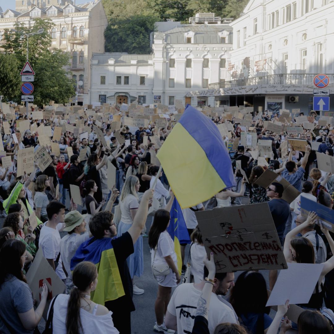 People gather for a second consecutive day of protests in central Kyiv, Ukraine, on July 17, 2026, following the controversial dismissal of Defense Minister Mykhailo Fedorov.
