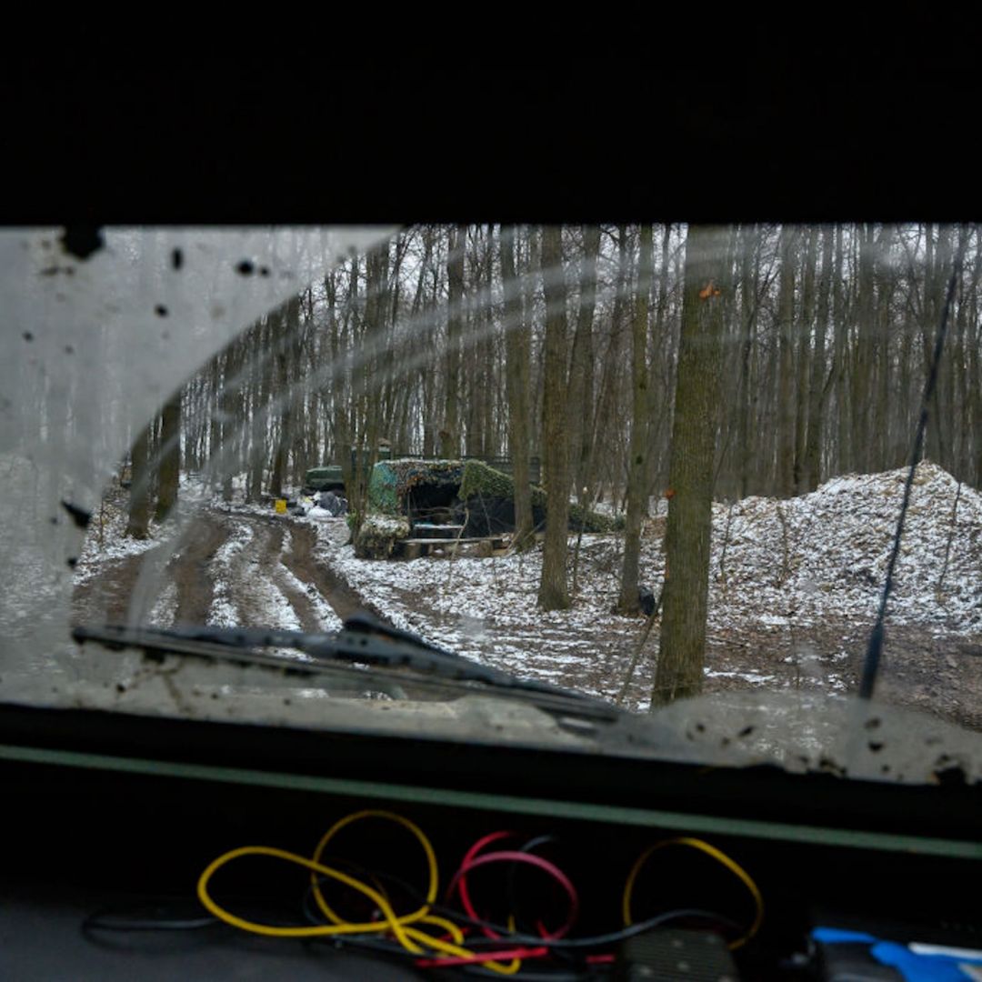 A photo taken on Jan. 15, 2025, shows a muddy track running through a forest in Sumy, Ukraine, that Ukrainian soldiers use to transport American Stryker armored fighting vehicles during Ukraine's ongoing cross-border operation into Russia's Kursk region.