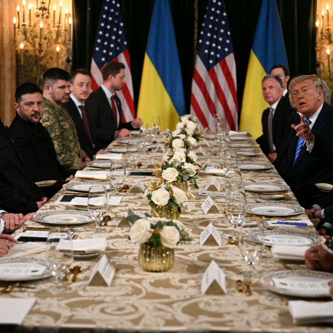 U.S. President Donald Trump meets with Ukranian President Volodymyr Zelensky at his Mar-a-Lago residence in Palm Beach, Florida, on Dec. 28, 2025.
